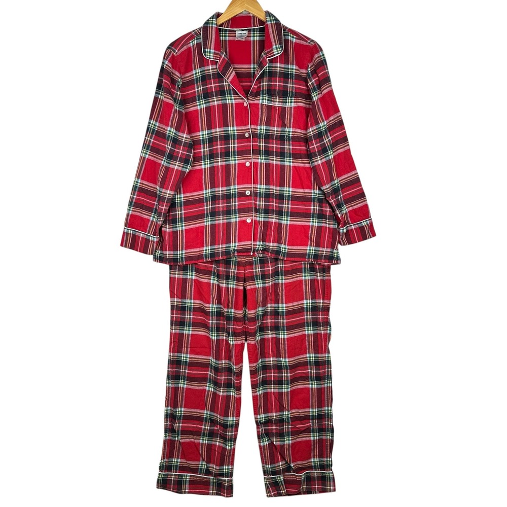 Lands End‎ Plaid Pajama Set Women Red Green Long Sleeve Button Up Pants